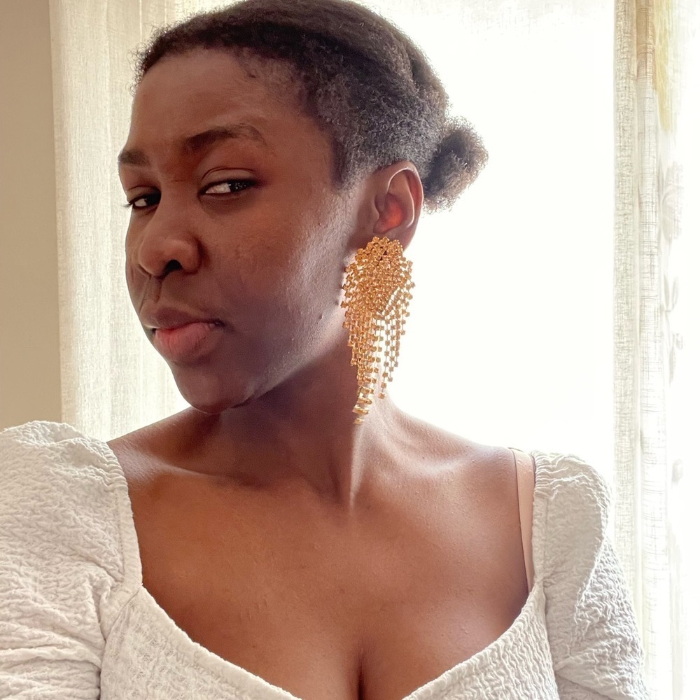 Gold toned rhinestone statement drop earrings - Picture 2 of 5